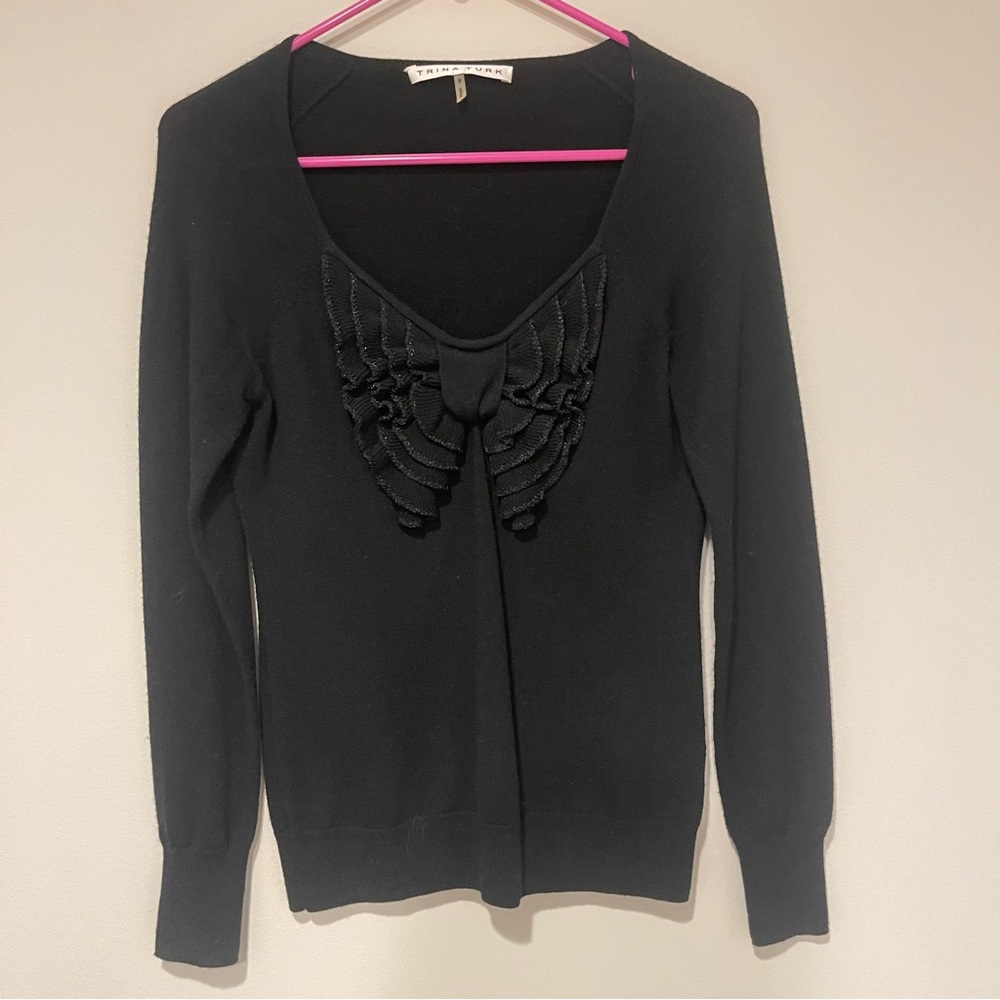 Trina Turk 100% Merino Wool V Neck Ruffle Bow Detail Sweater black size small